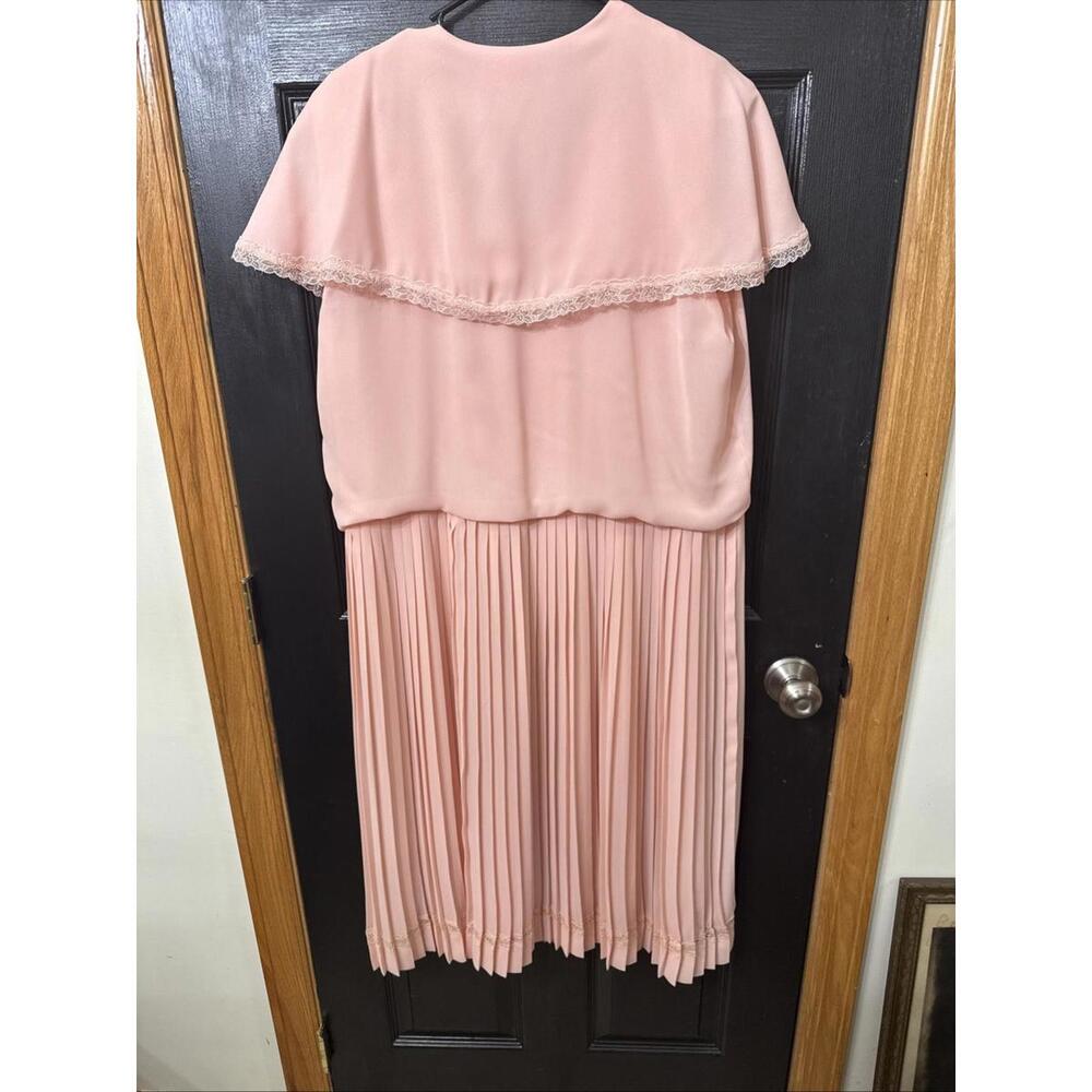 Vtg 80s Pleated Midi Dress Sz 14 Peach Lace Pearl Button Easter Wedding Gorgeous - Picture 9 of 11